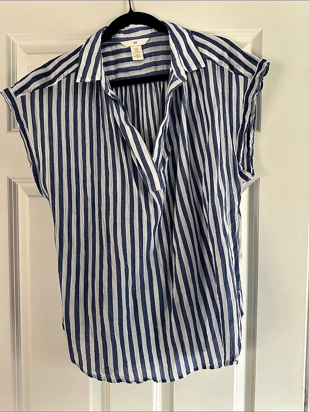 H&Medium Cap-sleeved Blouse Striped Top Blue & White Medium